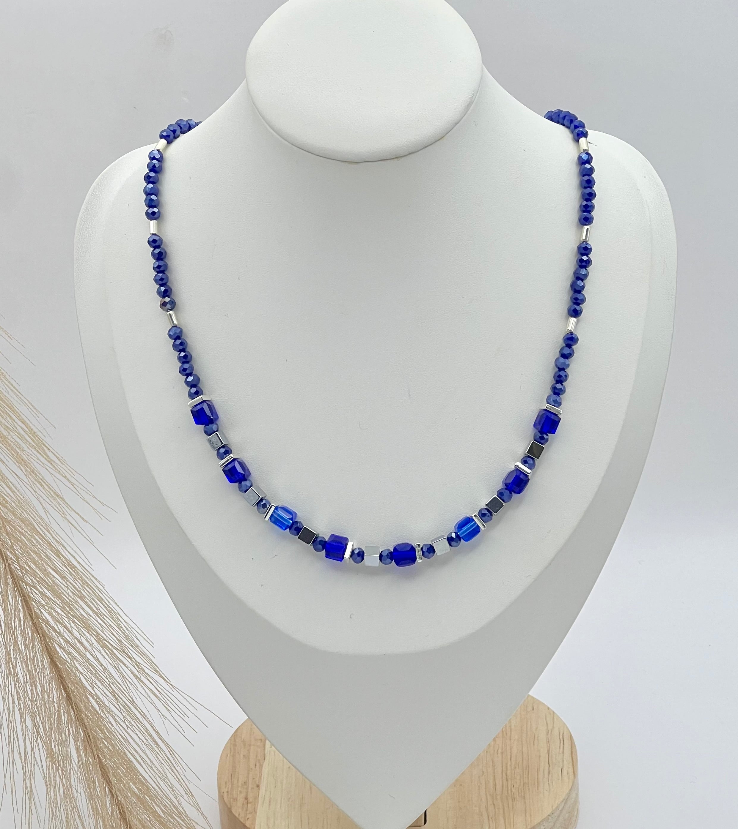 Royal Blue Crystal Glass & Natural Stone Necklace – Silver-Plated Jewelry for Women