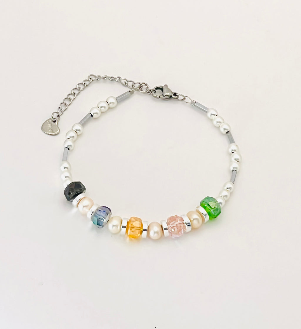 Elegant White Stone & Colourful Crystal Glass Design | Silver Stainless Steel