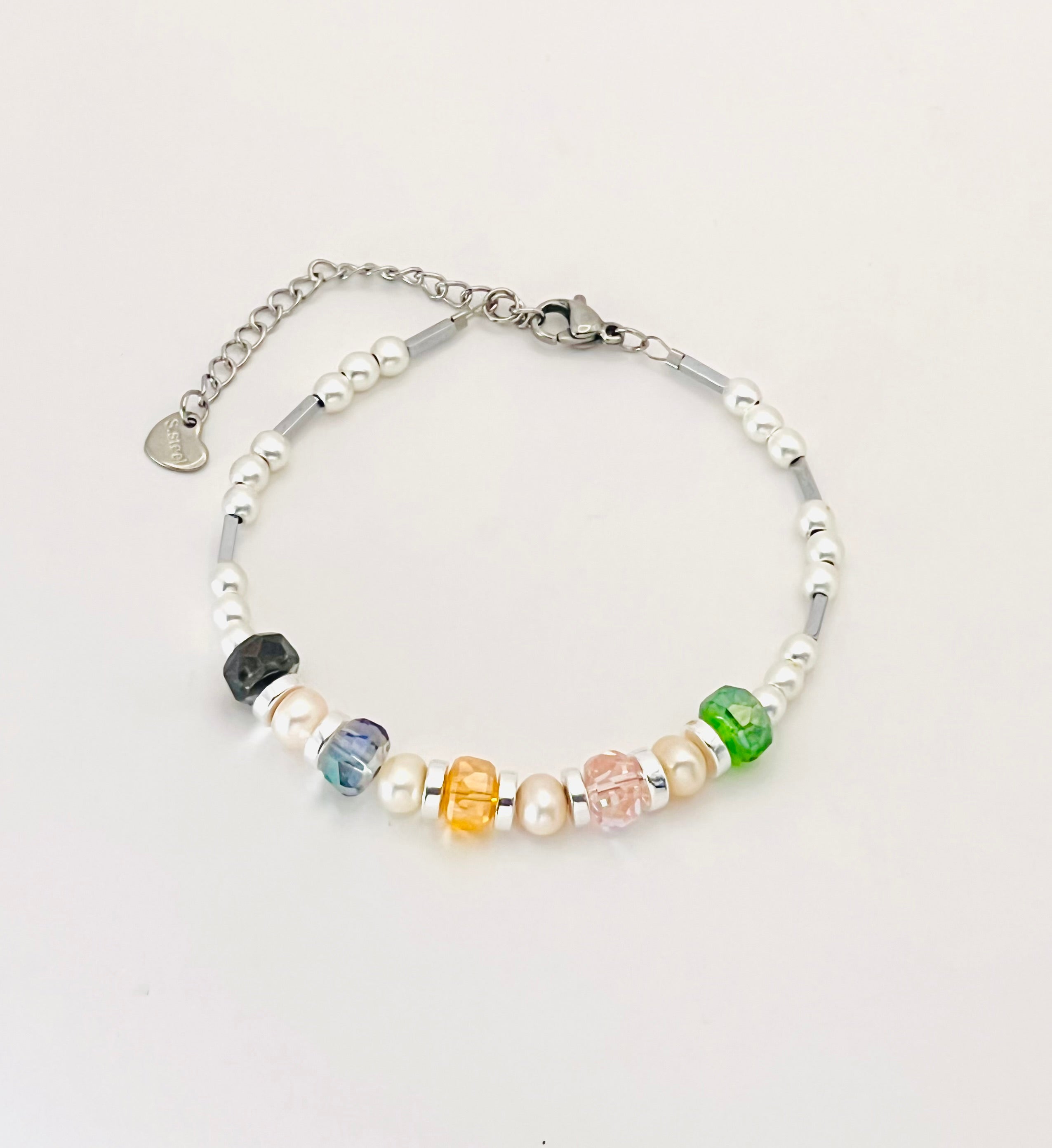 Elegant White Stone & Colourful Crystal Glass Design | Silver Stainless Steel