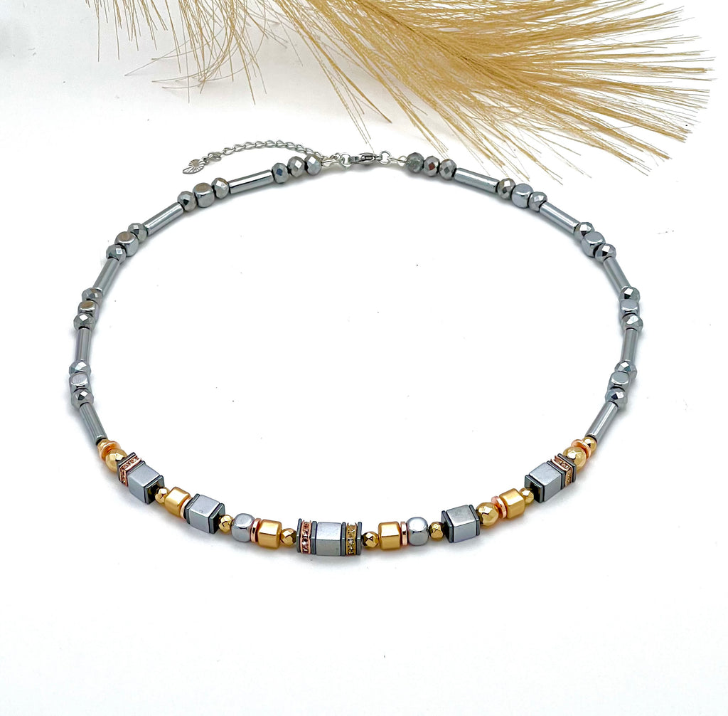 Shine Bright Silver Crystal Glass & Natural Stone Necklace | Stainless Steel Jewelry