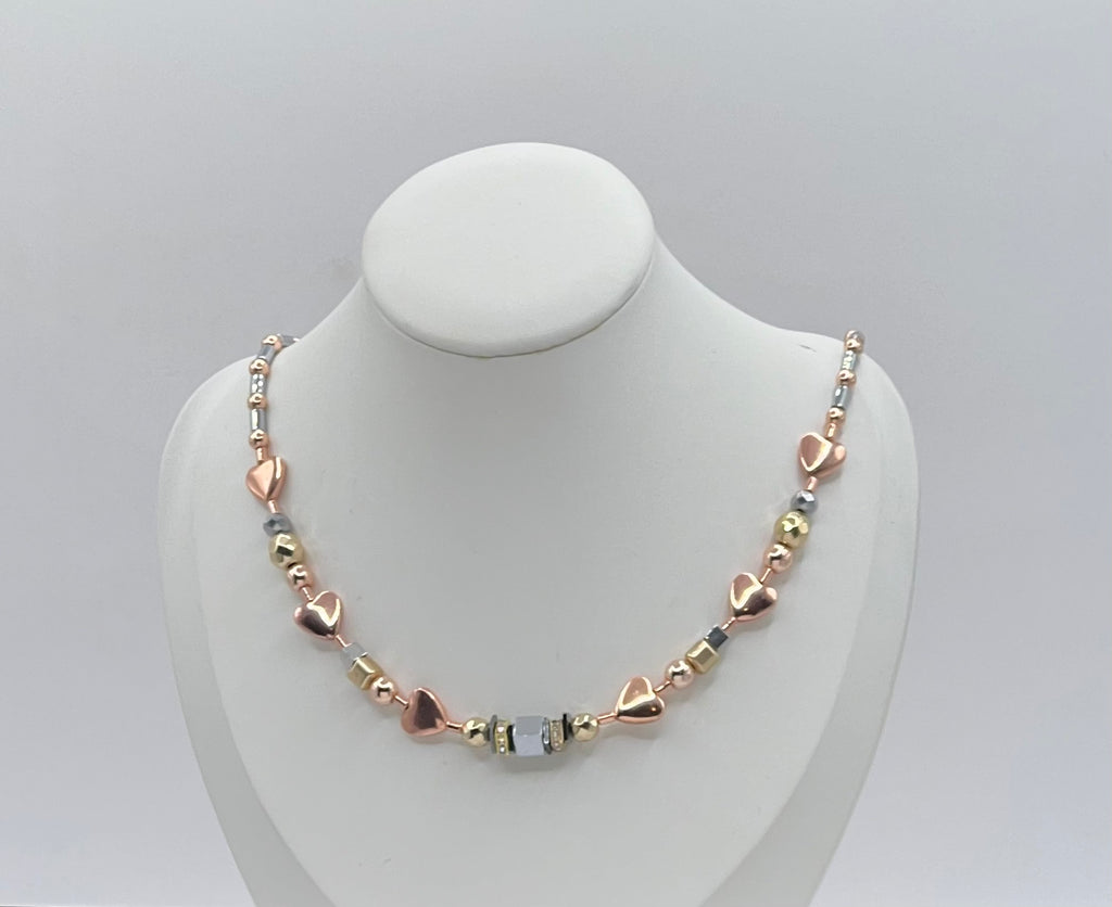 Silver, Gold & Rose Natural Stone Crystal Glass Necklace with Stainless Steel