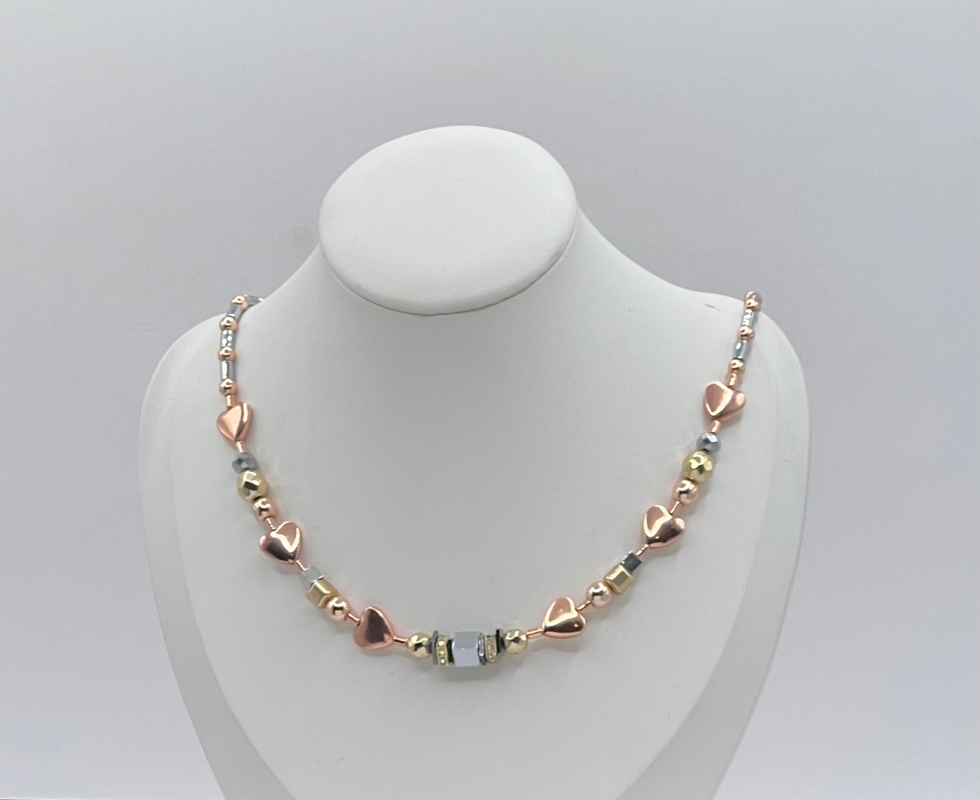 Silver, Gold & Rose Natural Stone Crystal Glass Necklace with Stainless Steel