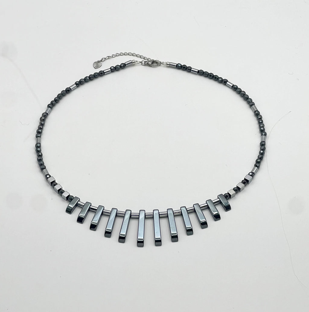 Black Natural Stones Necklace with Silver Stainless Steel – Women’s Jewelry