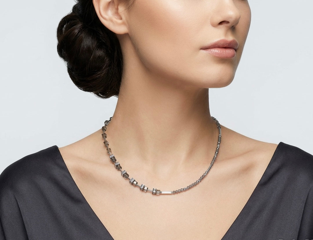 Elegant Ash Grey Crystal Glass Necklace | Silver-Plated Clasp