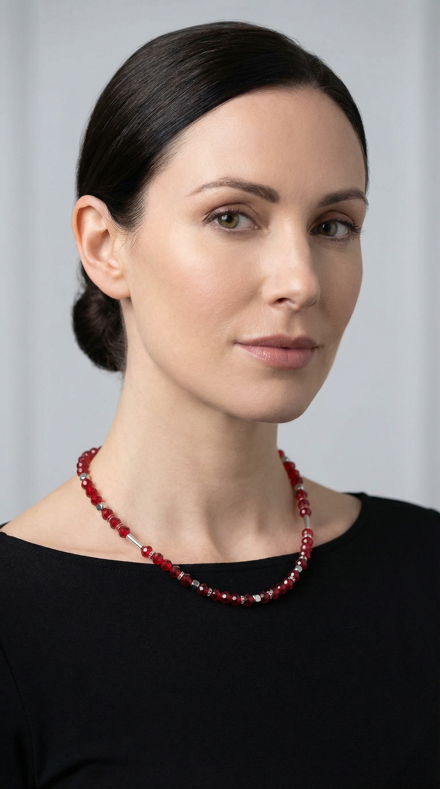Red Crystal Glass Natural Stone Necklace with Silver Stainless Steel – Women’s Jewelry