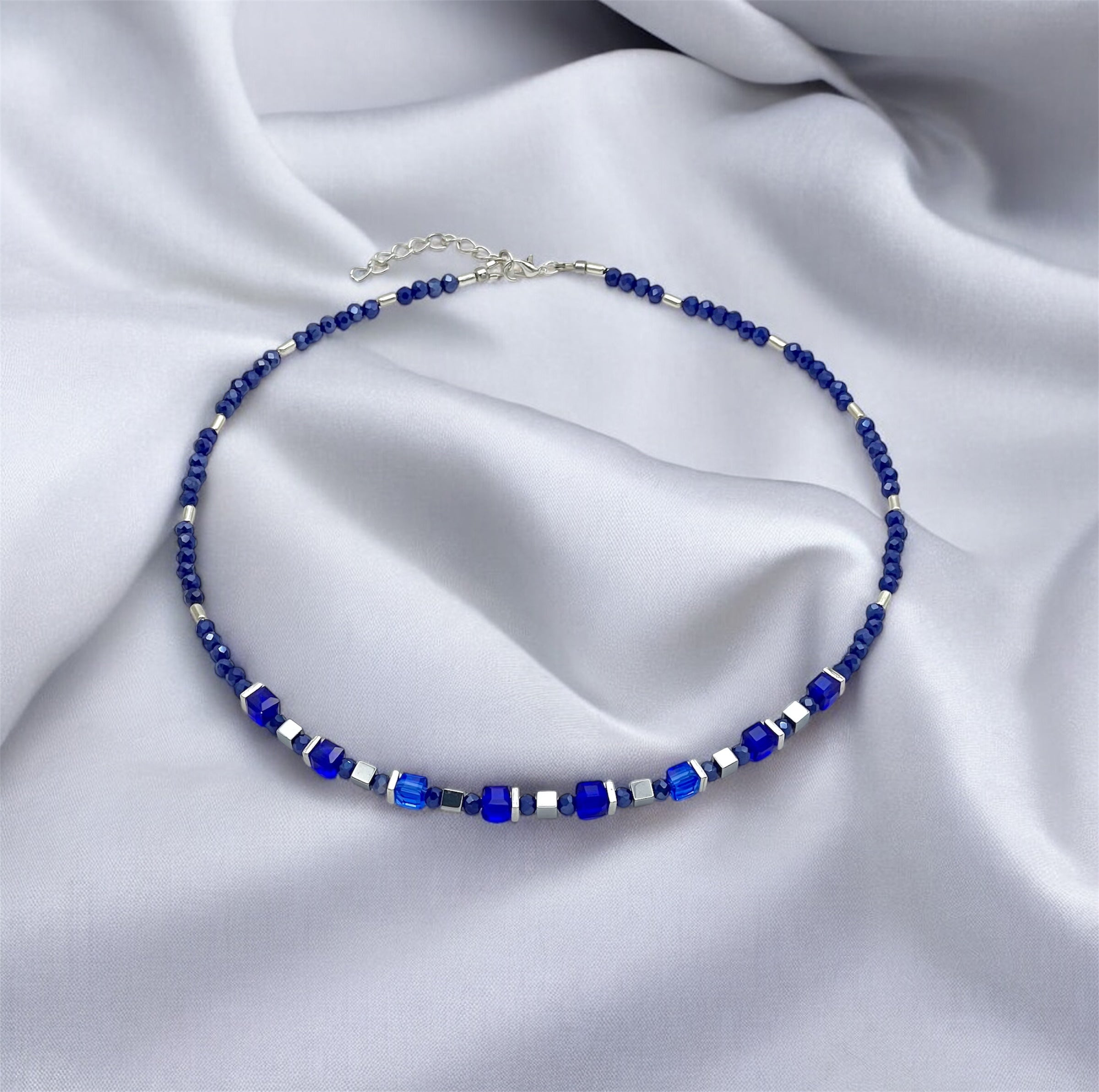Royal Blue Crystal Glass & Natural Stone Necklace – Silver-Plated Jewelry for Women