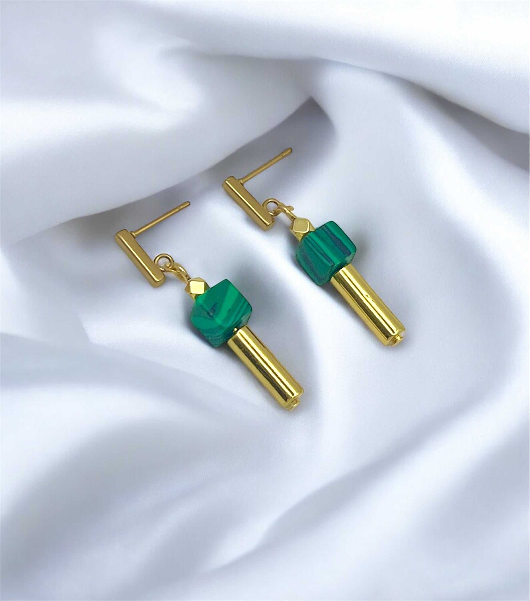 Green Machiate Stone Cube Drop Earrings | Gold Stainless Steel Jewelry
