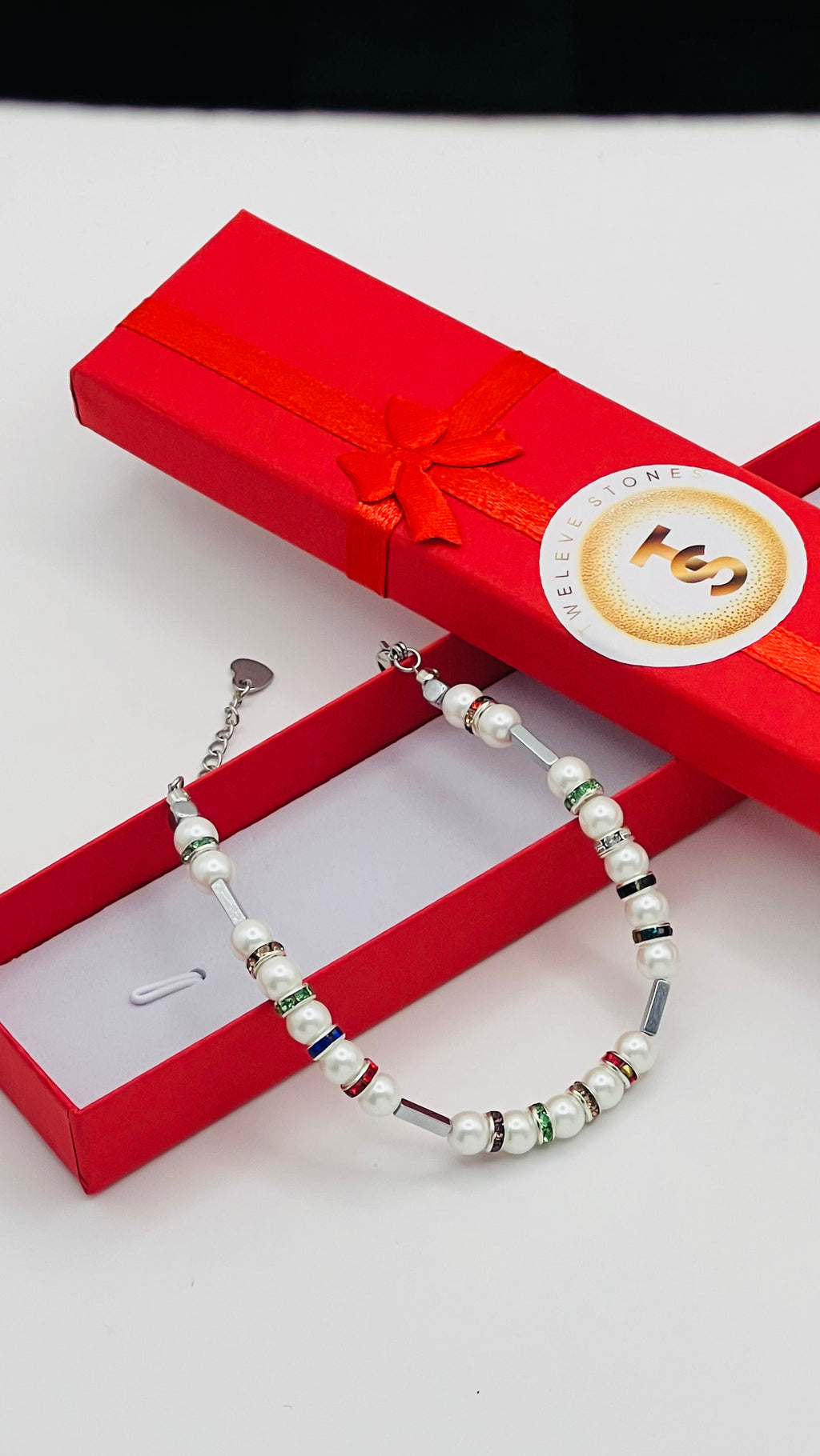 White Natural Stone & Multicolour Rhinestone Bracelet| Silver-Plated Clasp