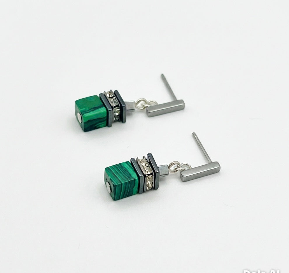 Macchiato Natural Stone Drop Earrings | Silver Stainless Steel Rectangle Stud
