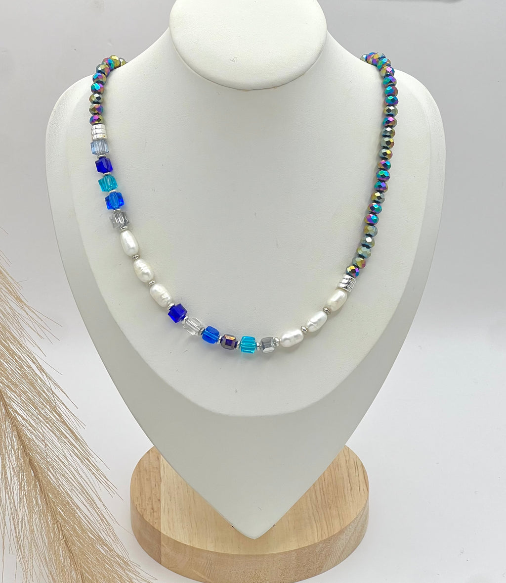 Multicolour Blue White Pearls Crystal Glass Stone Necklace Silver Steel For Women Jewellery Gift