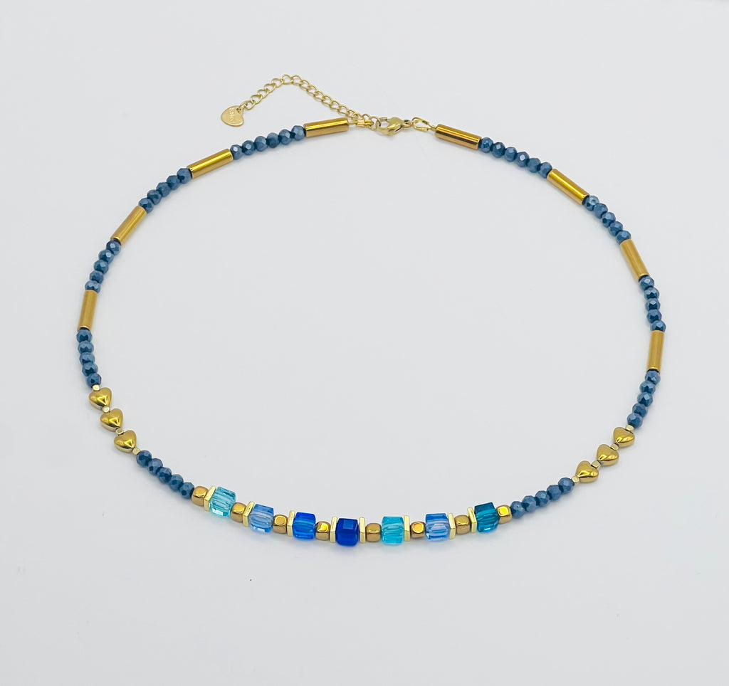Blue & Gold Heart Crystal Glass and Stone Necklace | Gold Stainless Steel Clasp