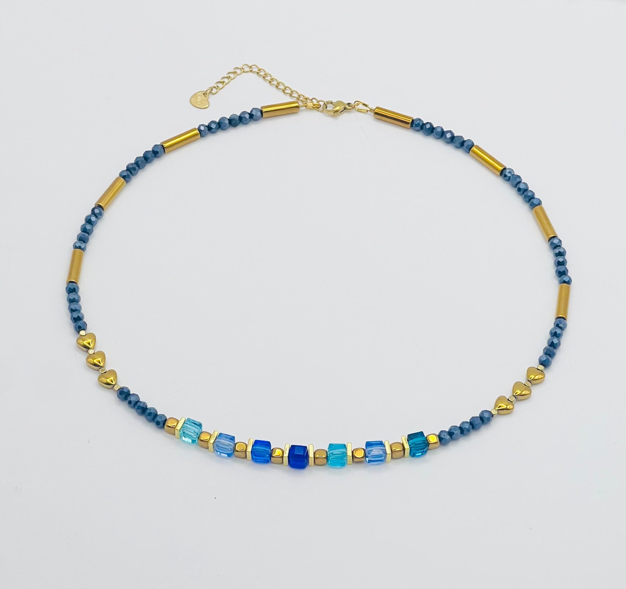Blue & Gold Heart Crystal Glass and Stone Necklace | Gold Stainless Steel Clasp