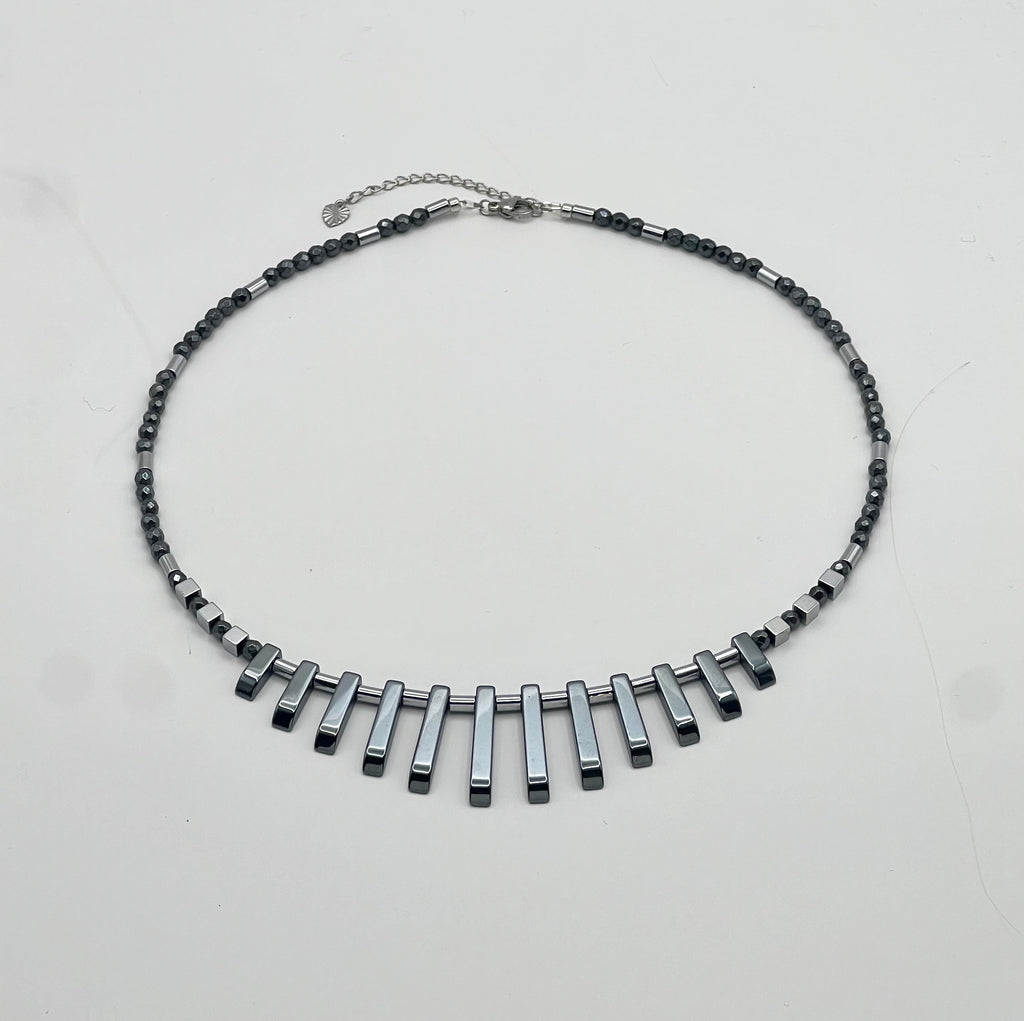 Black Natural Stones Necklace with Silver Stainless Steel – Women’s Jewelry