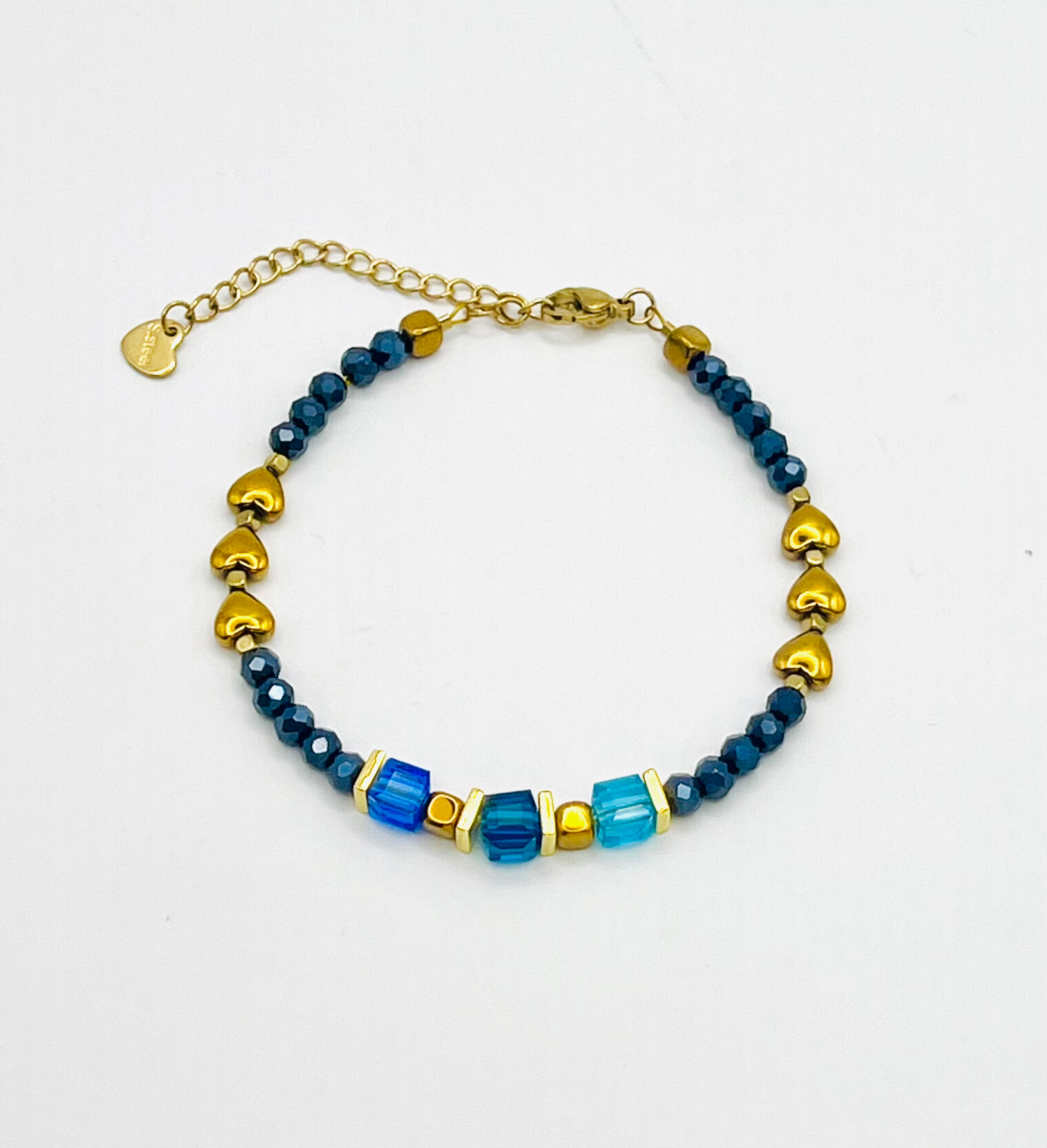 Blue & Gold Heart Crystal Glass and Stone Bracelet | Gold Stainless Steel Clasp