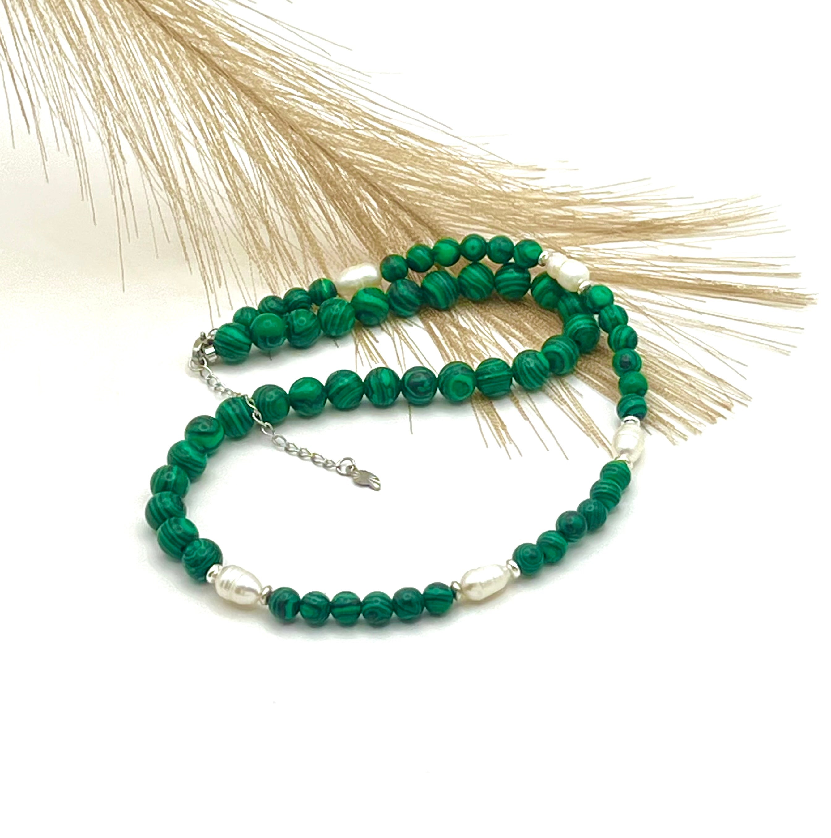 Green Malachite and Freshwater Pearl Necklace with Silver Steel