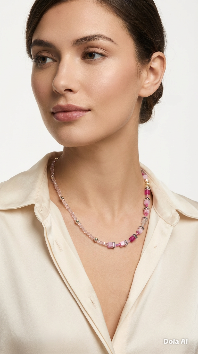 Rose Pink Crystal Glass Necklace Made with Natural Stones and a Silver-Plated Clasp – Women’s Jewellery