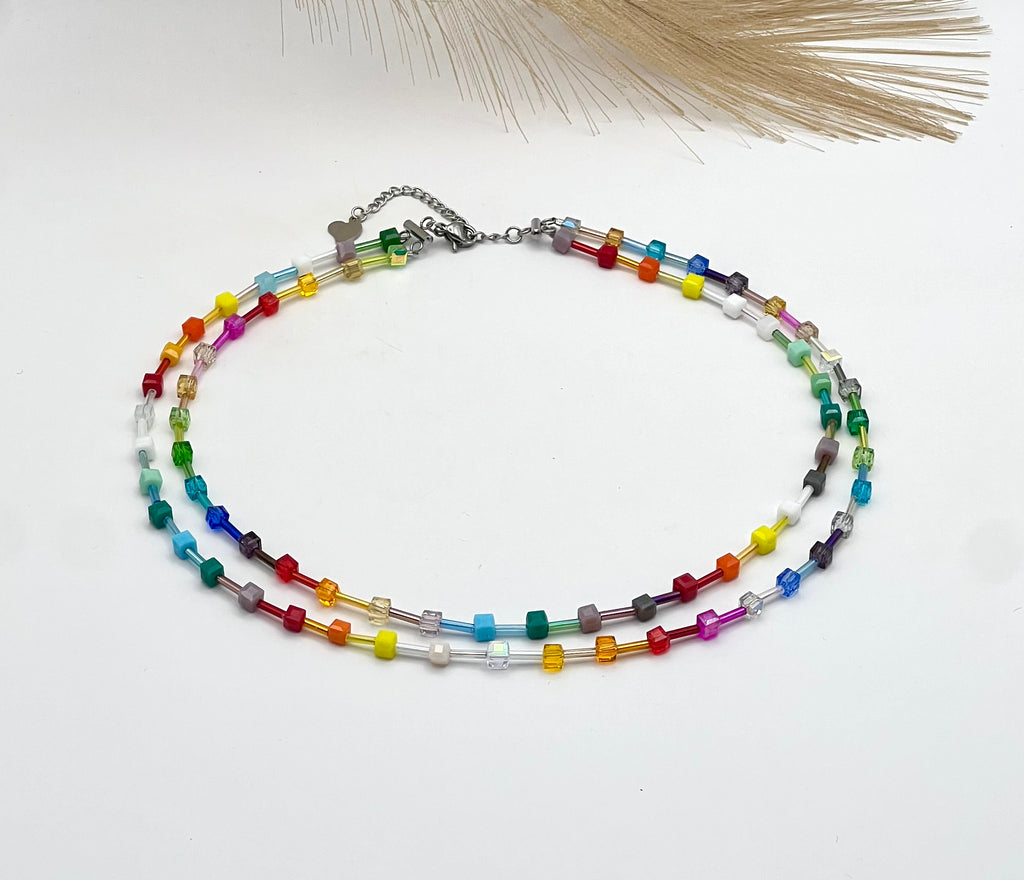 Multicolour Crystal Glass Necklace – Silver Stainless Steel