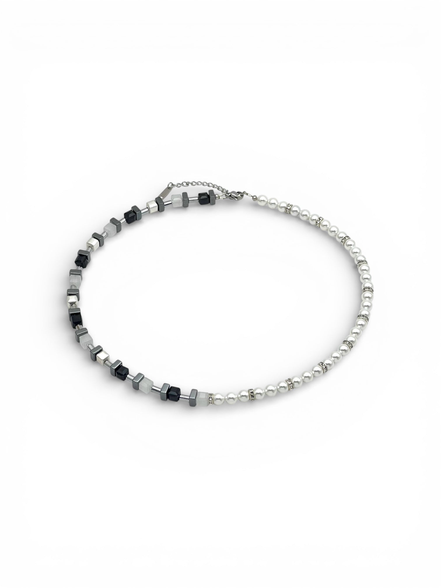Star Black & White Crystal Glass Natural Stone Necklace – Silver Stainless Steel | Gift Box Included