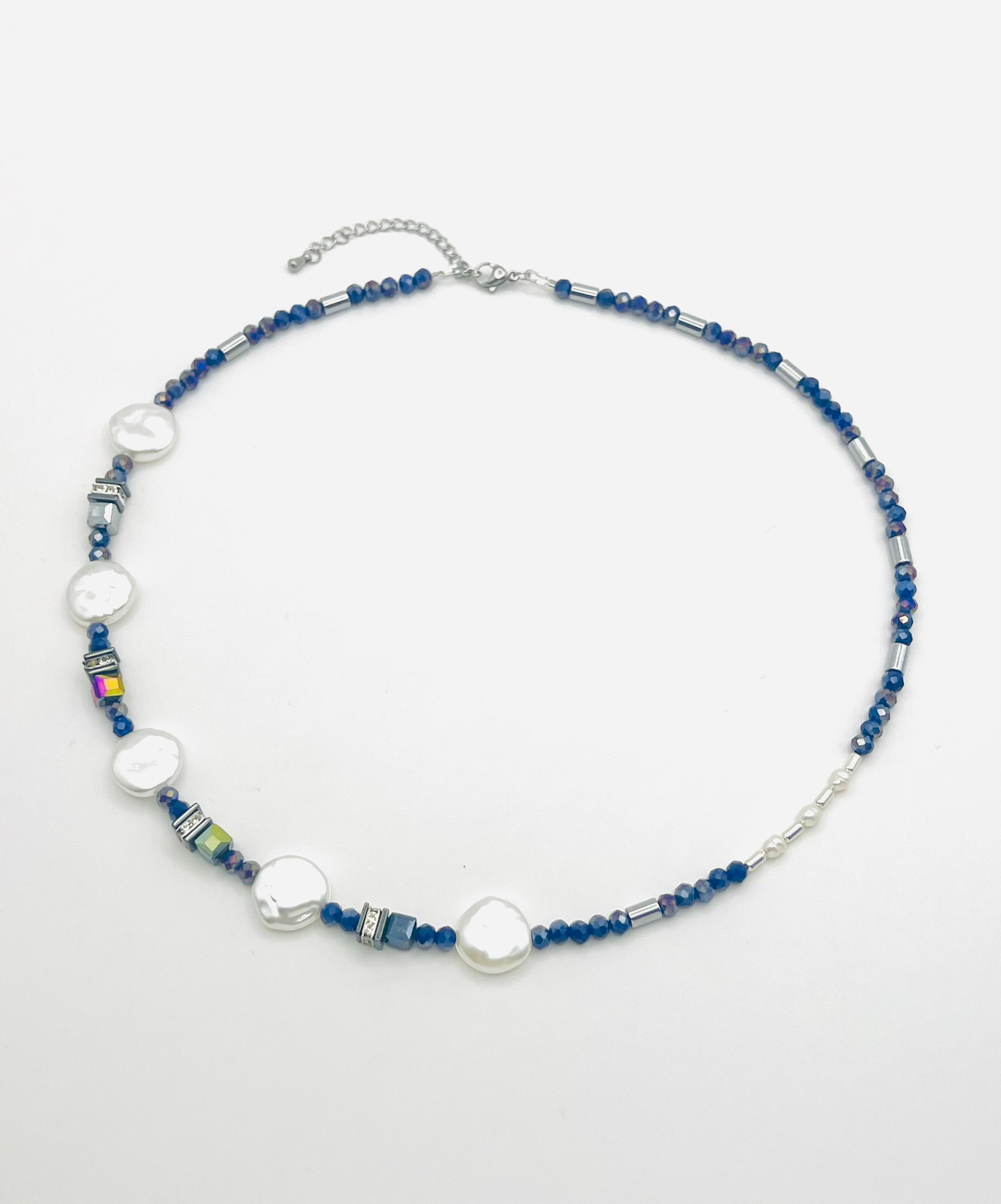 Dark Blue Crystal Glass Stone Necklace | Silver Stainless Steel