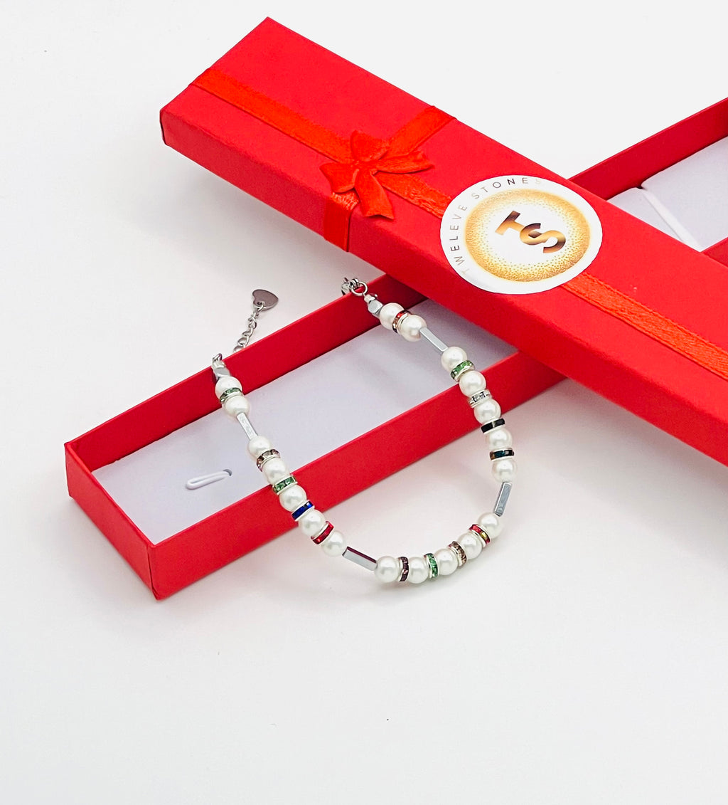 White Natural Stone & Multicolour Rhinestone Bracelet| Silver-Plated Clasp