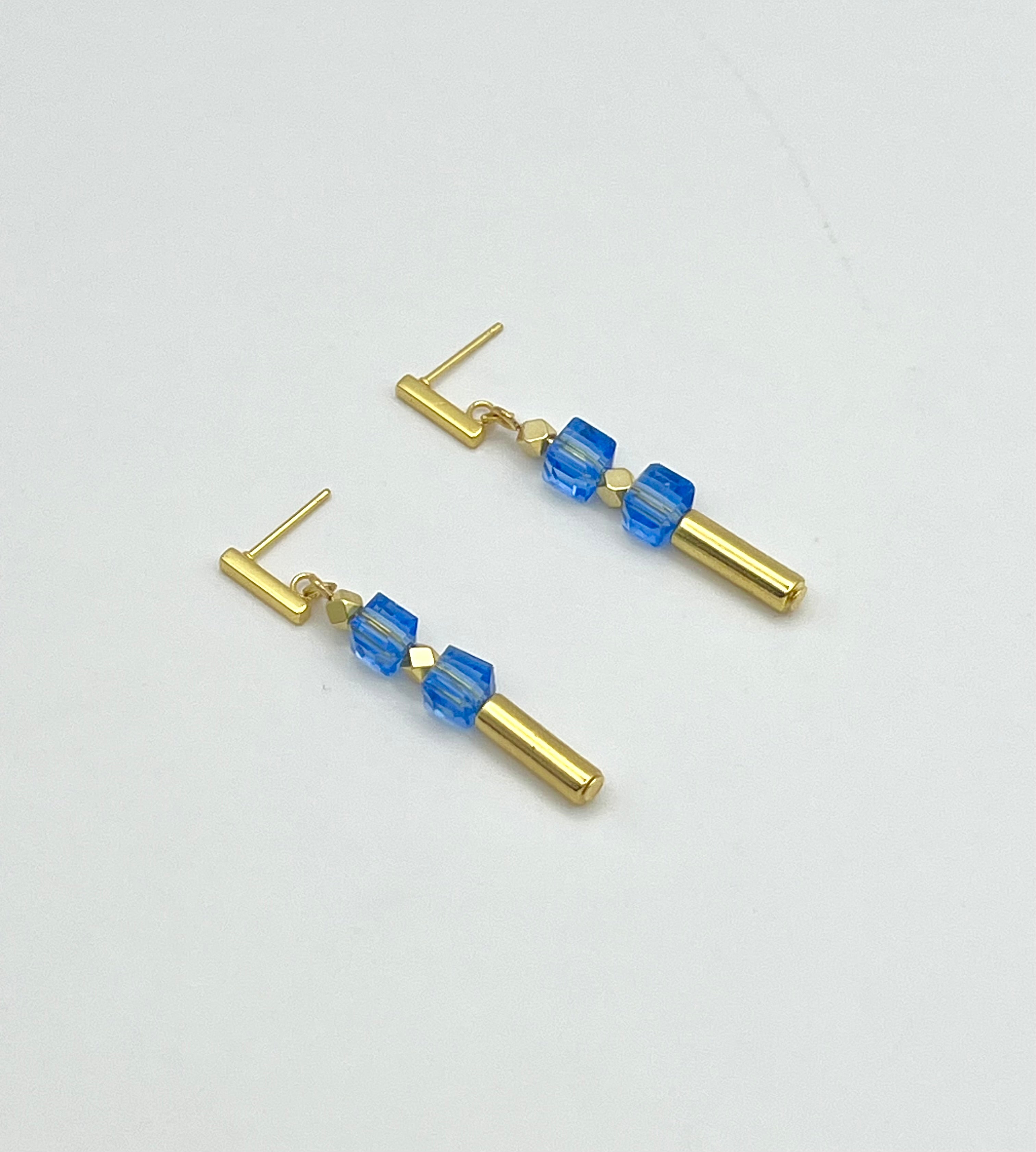 Blue & Gold Cube Drop Crystal Glass Stone Earrings | Stainless Steel Studs