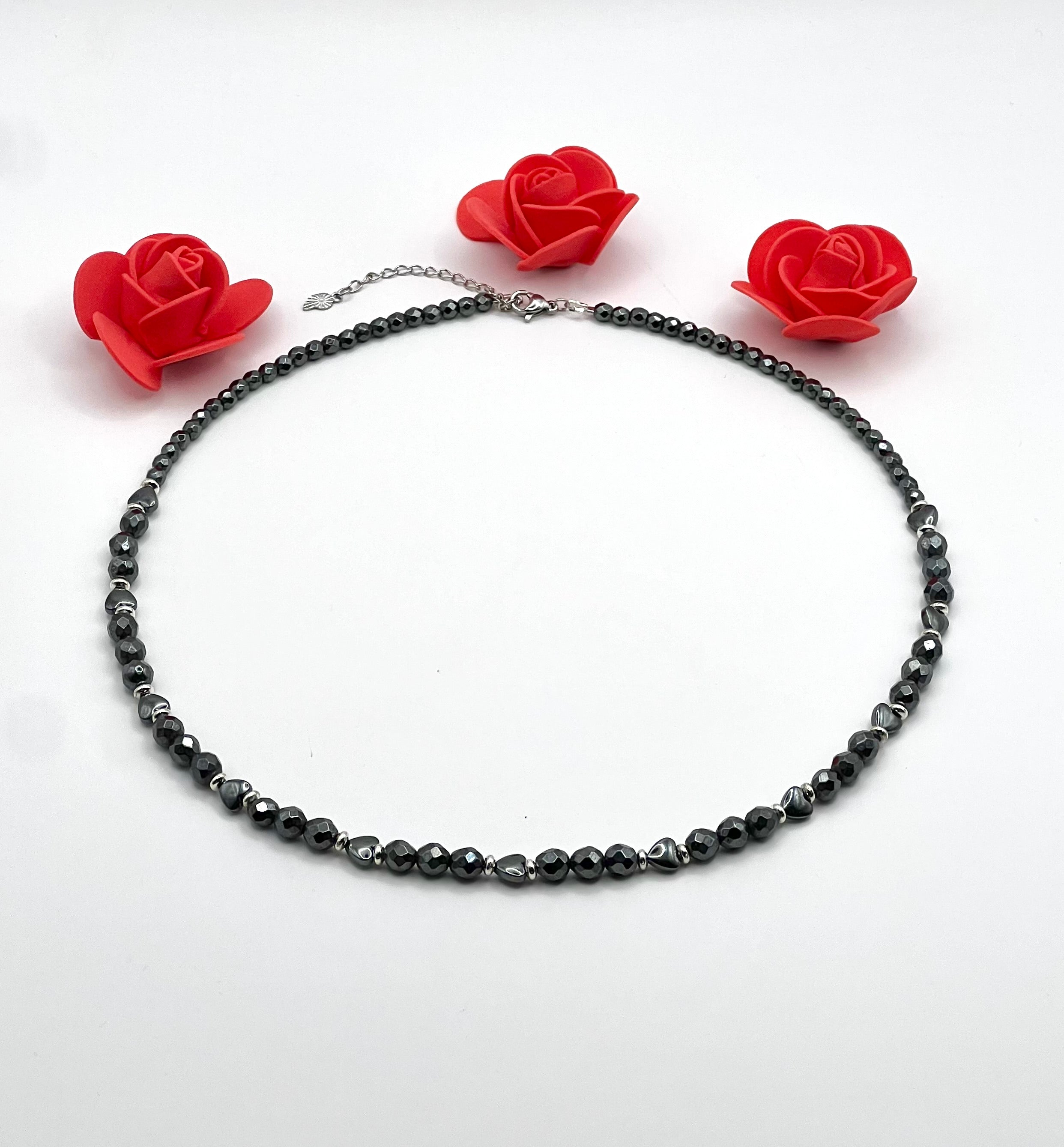 Black Hematite Heart Stone Necklace | Silver Stainless Steel Lobster Clasp