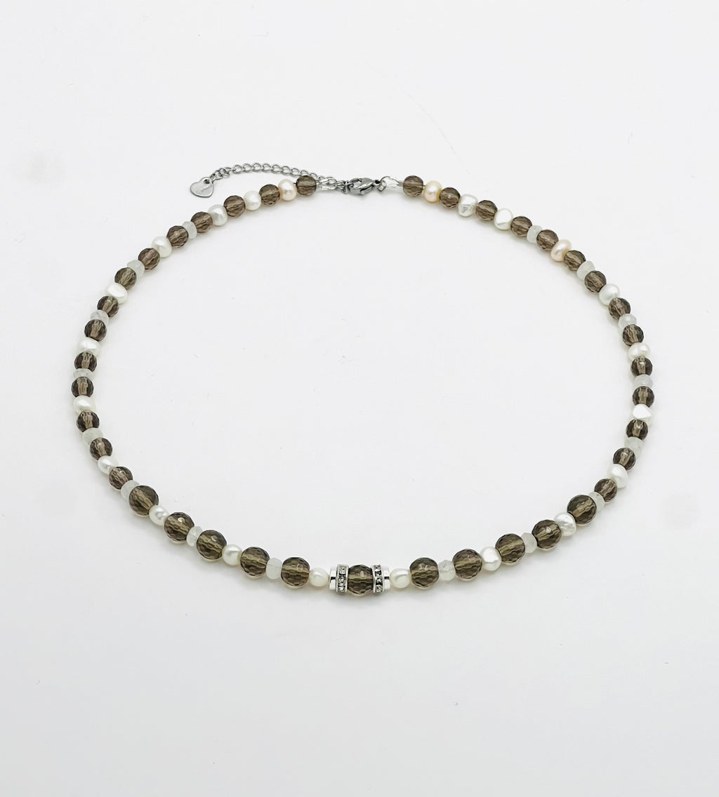Natural White Pearls & Smoky Quartz Necklace | Silver Stainless Steel Jewelry