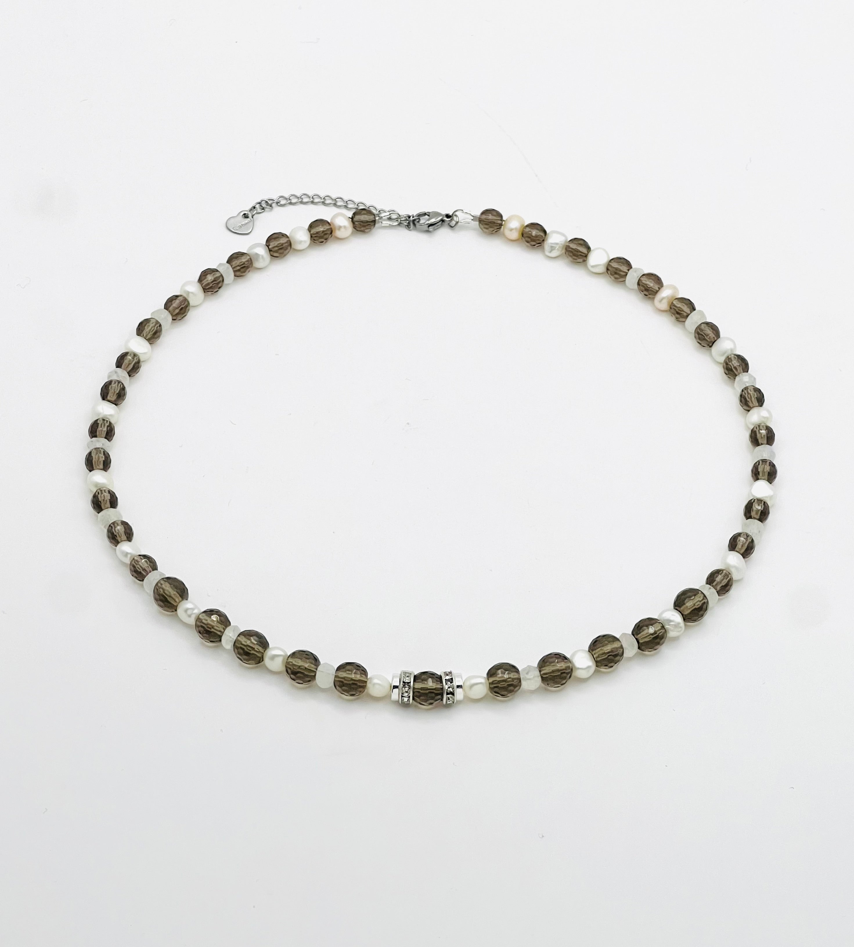 Natural White Pearls & Smoky Quartz Necklace | Silver Stainless Steel Jewelry