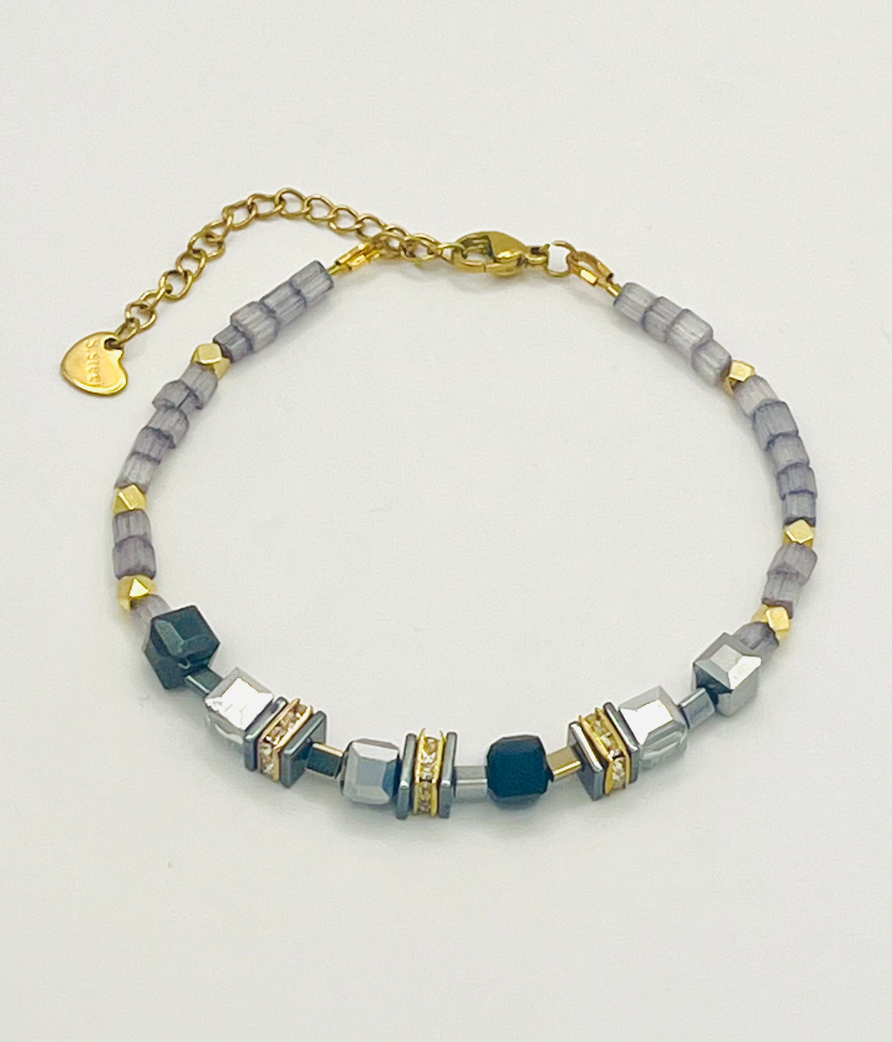 Crystal Glass Stone Bracelet in Silver Grey | Gold Stainless Steel