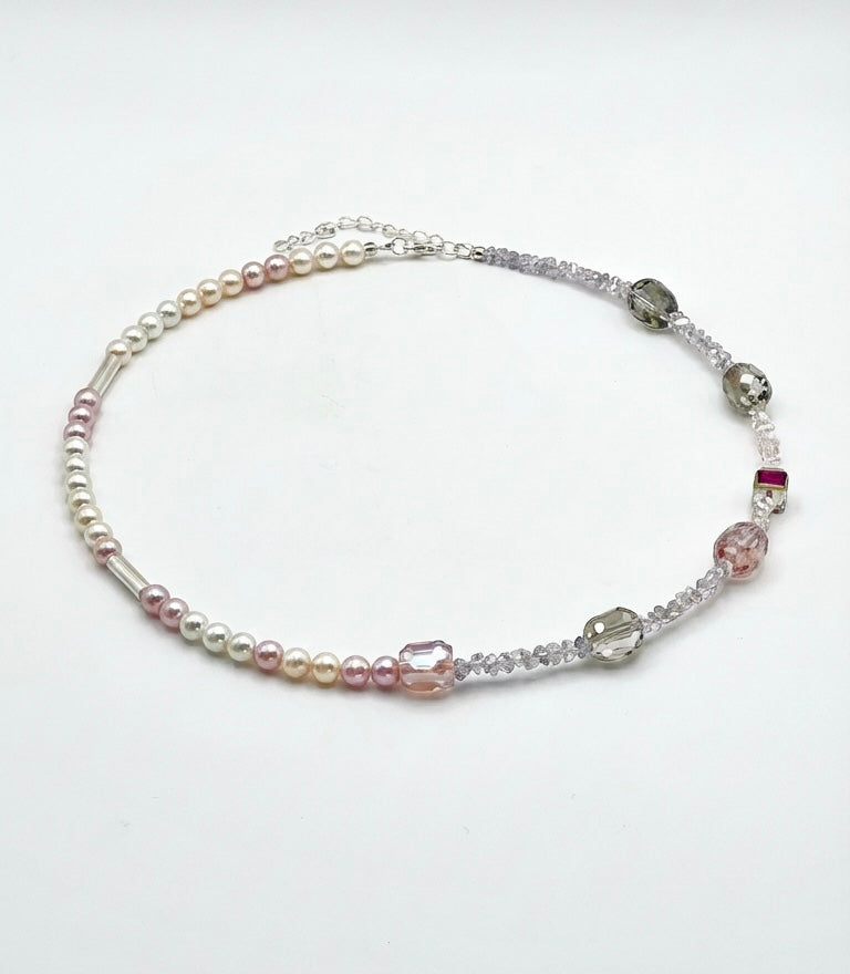Lily of the Valley - Light pink and grey crystal glass stones necklace with a silver-plated lobster clasp