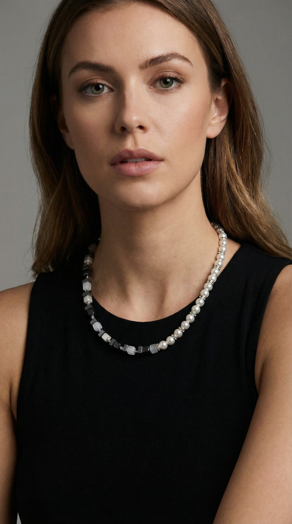 Star Black & White Crystal Glass Natural Stone Necklace – Silver Stainless Steel | Gift Box Included