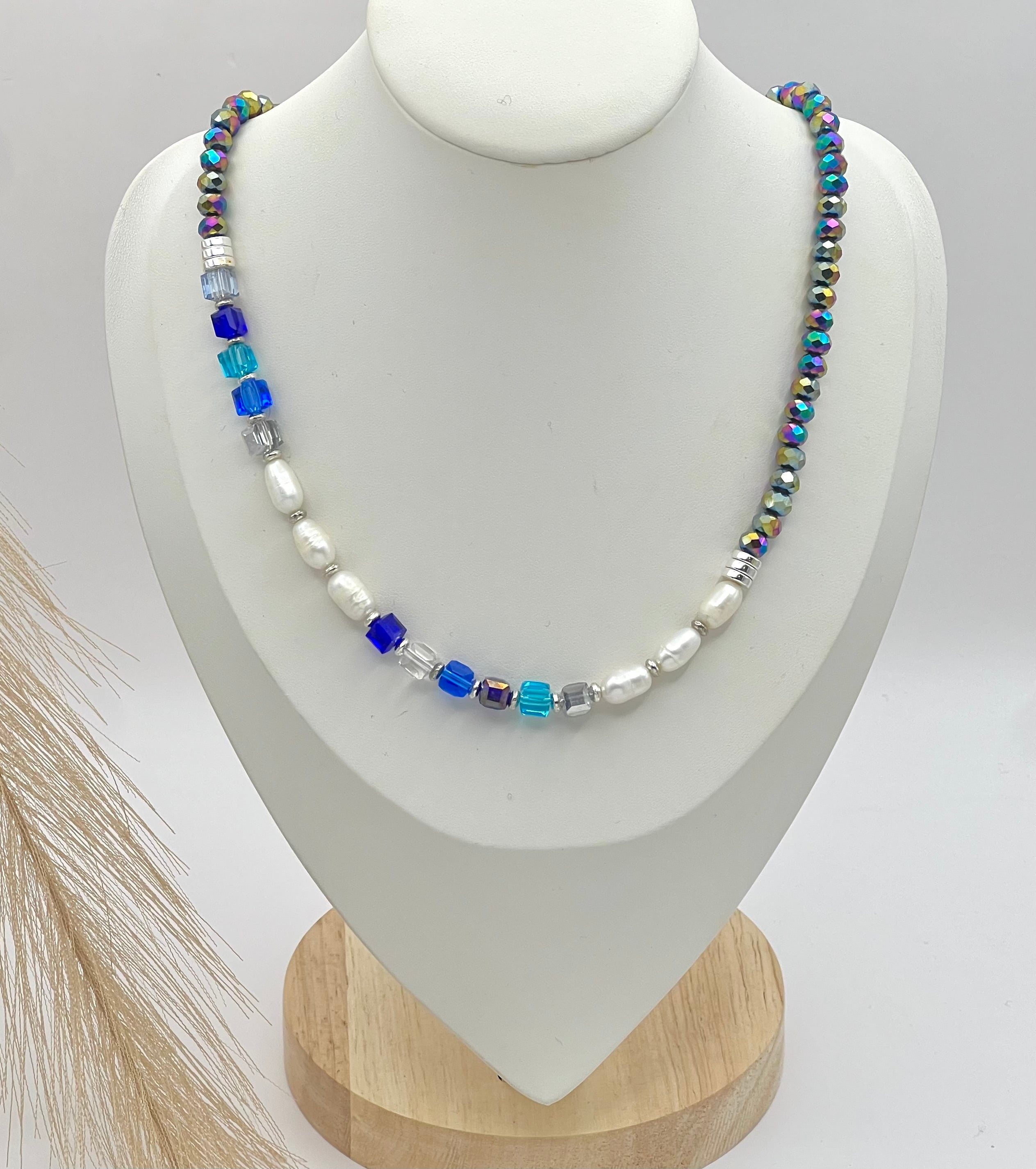 Multicolour Blue White Pearls Crystal Glass Stone Necklace Silver Steel For Women Jewellery Gift