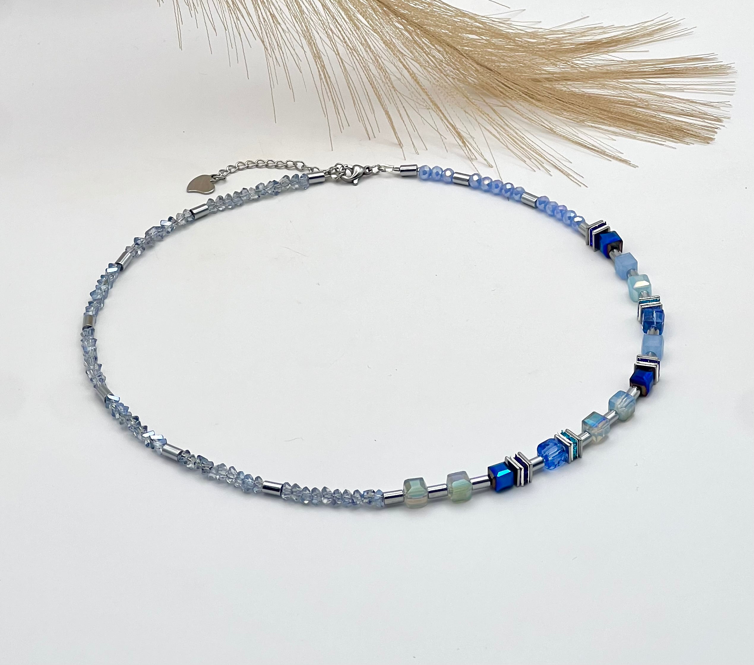 Delicate Light Blue Crystal Glass Necklace with Silver Steel