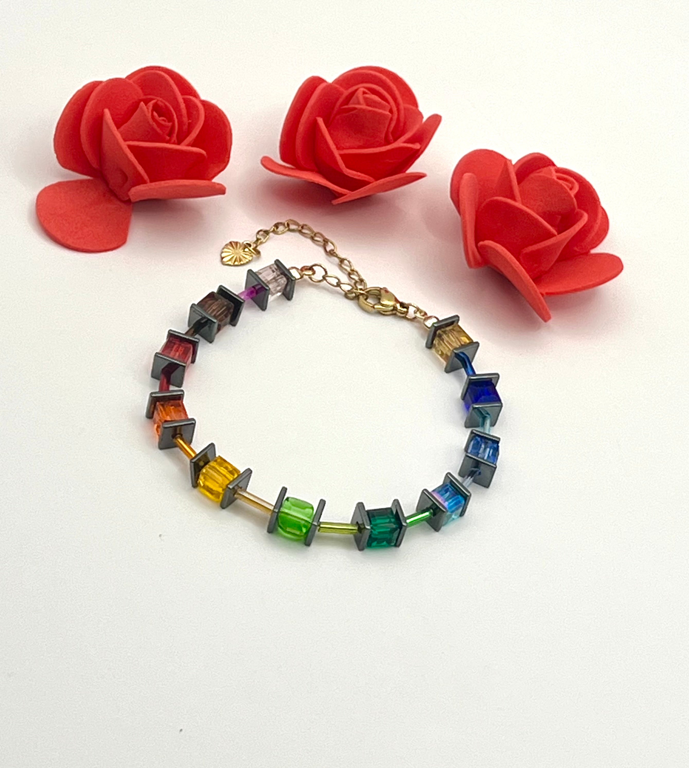 Multicolour Crystal Glass Stone Bracelet | Gold Stainless Steel