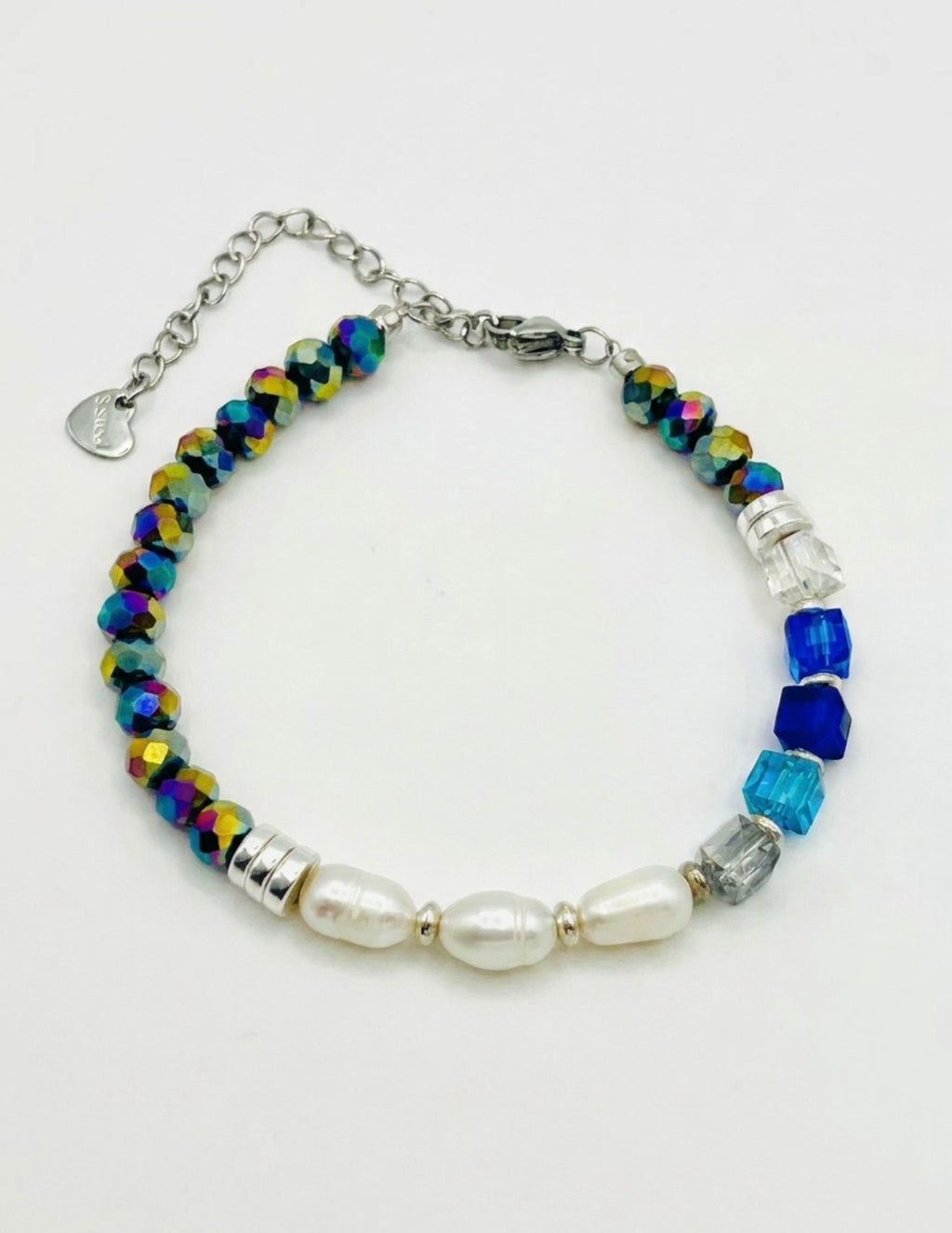 All Blue Glass Bracelet with White Natural Pearls – Silver Stainless Steel