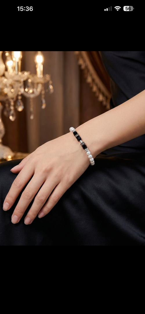 Black and White Glass & Stone Bracelet – Silver-Plated
