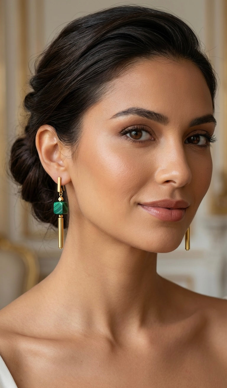 Green Machiate Stone Cube Drop Earrings | Gold Stainless Steel Jewelry