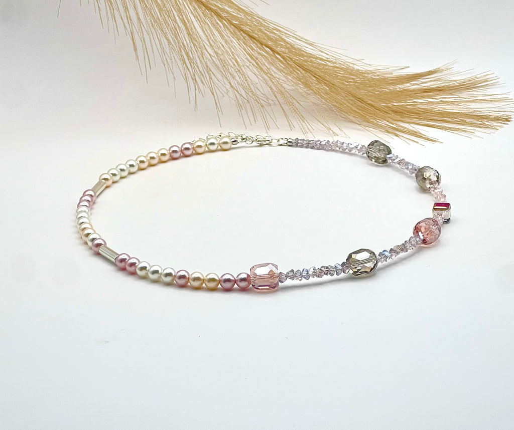 Lily of the Valley - Light pink and grey crystal glass stones necklace with a silver-plated lobster clasp