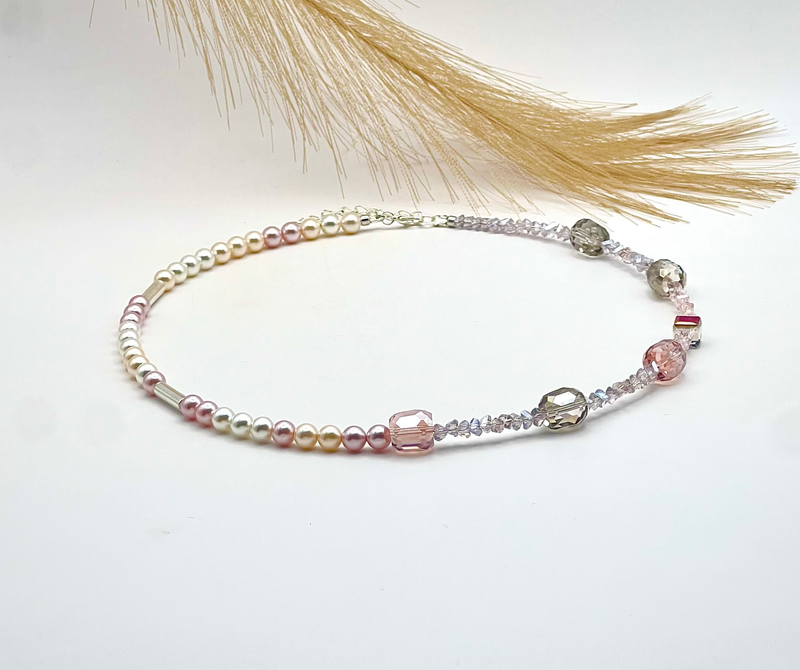 Lily of the Valley - Light pink and grey crystal glass stones necklace with a silver-plated lobster clasp