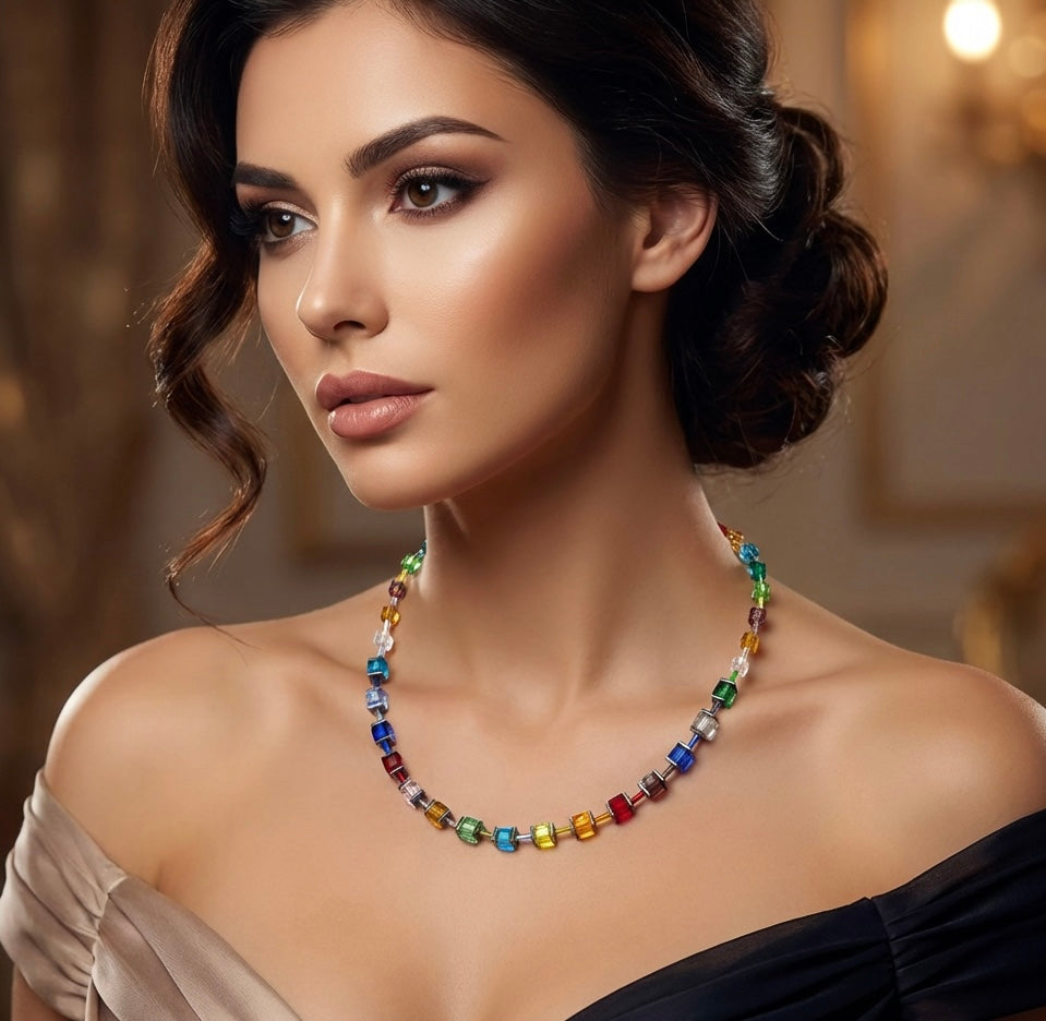 Multicolour Crystal Glass Stone Necklace | Silver Stainless Steel
