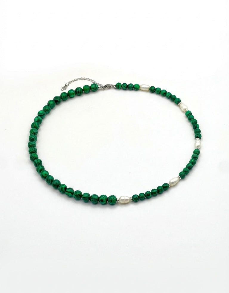 Green Malachite and Freshwater Pearl Necklace with Silver Steel