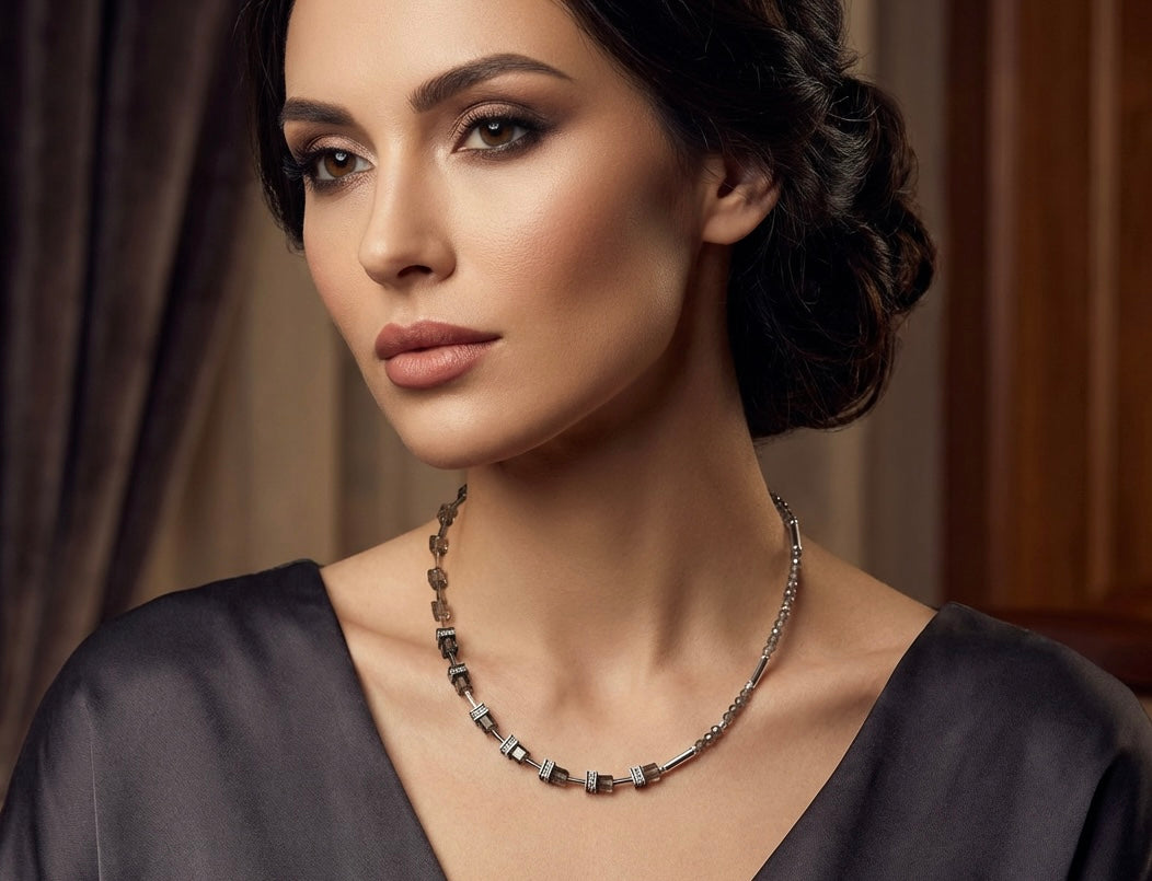 Elegant Ash Grey Crystal Glass Necklace | Silver-Plated Clasp