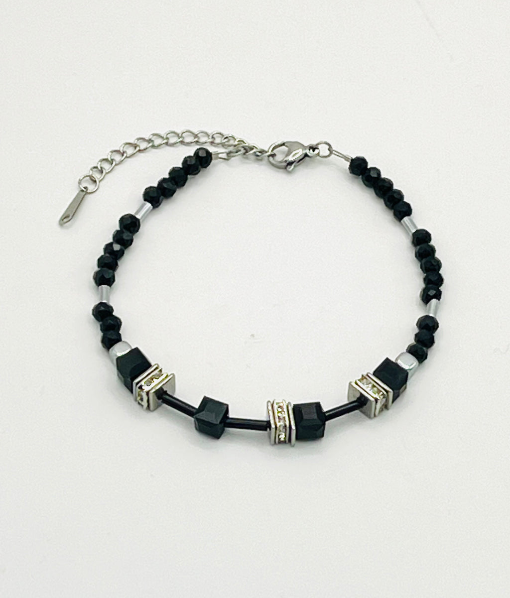 Black Crystal glass cube beads bracelet silver steel