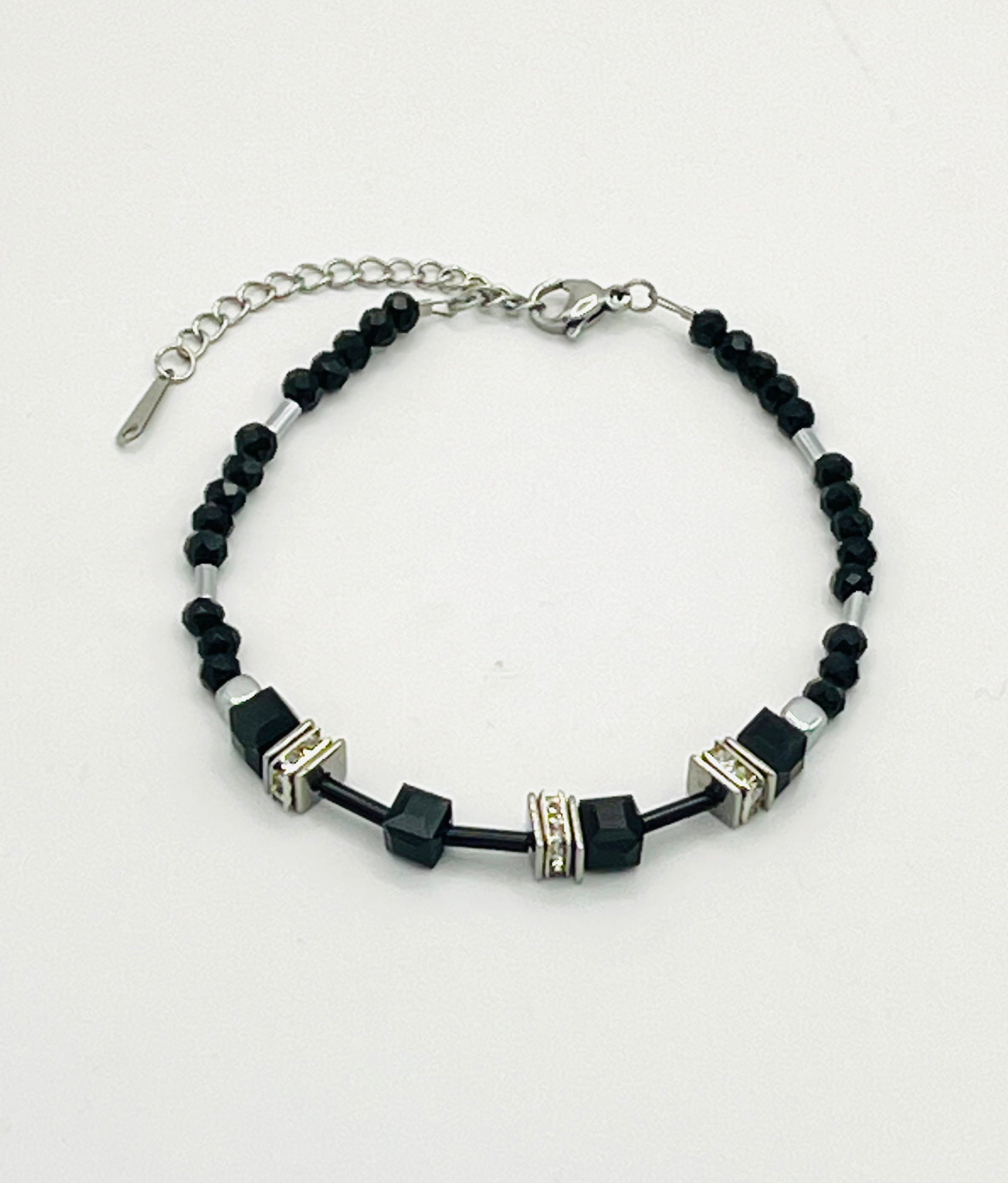 Black Crystal glass cube beads bracelet silver steel