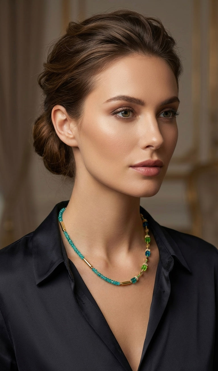 Emerald Green Crystal Glass Necklace – Gold Steel Natural Stone Jewellery