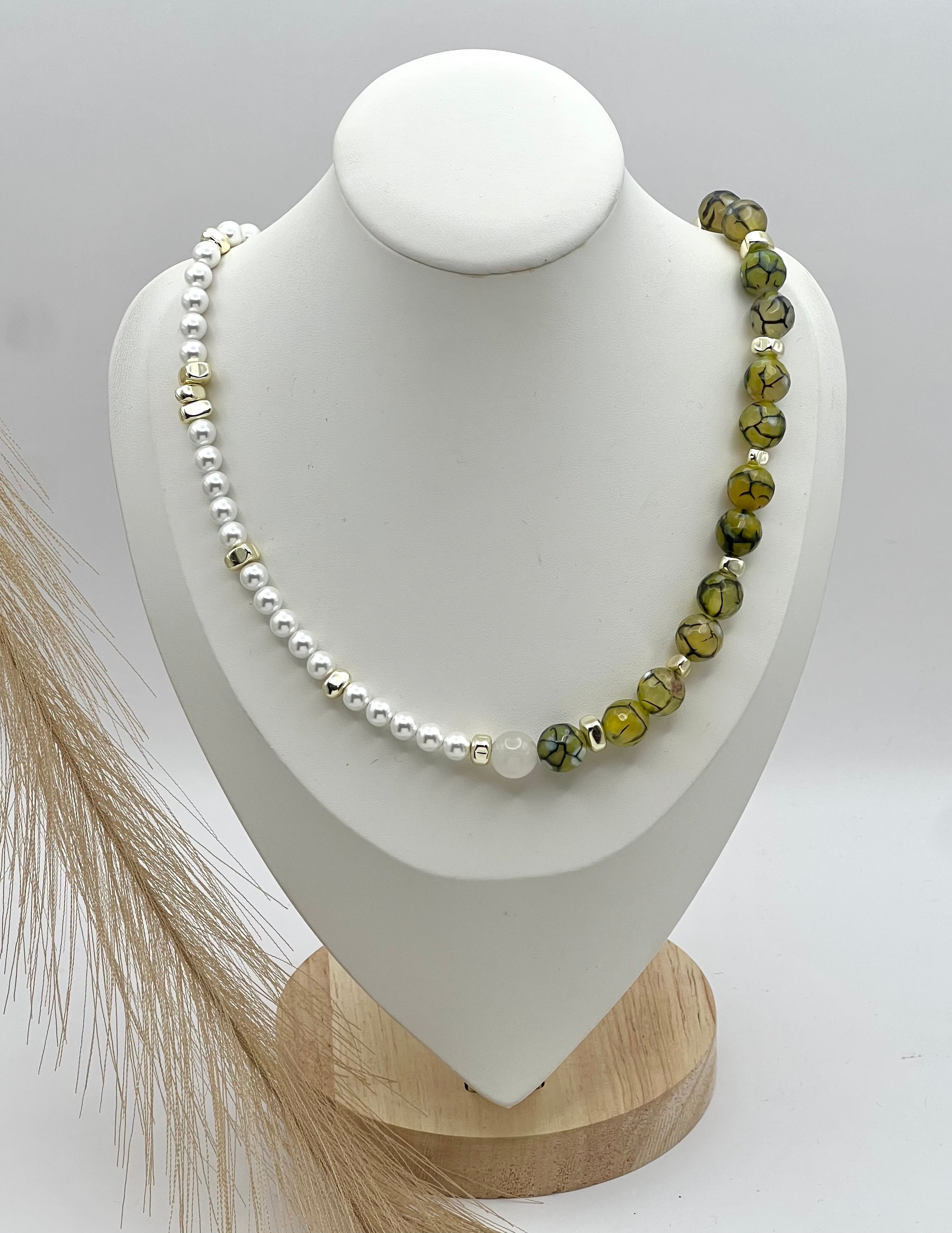 Dew Green & White National Stones Necklace, Silver-Plated, Lobster Clasp