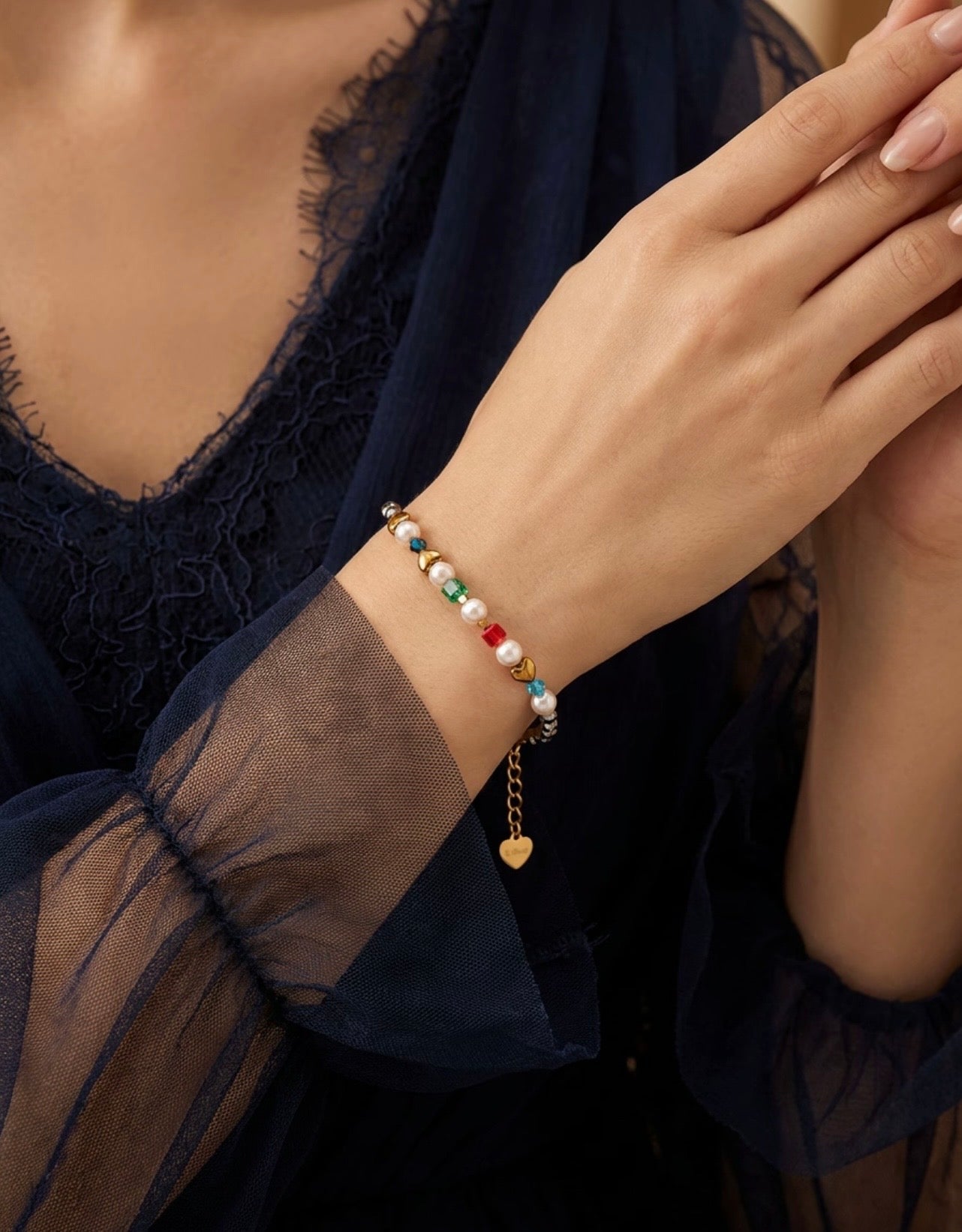 Multicolour & Grey Gold Heart Bracelet – Gold Stainless Steel