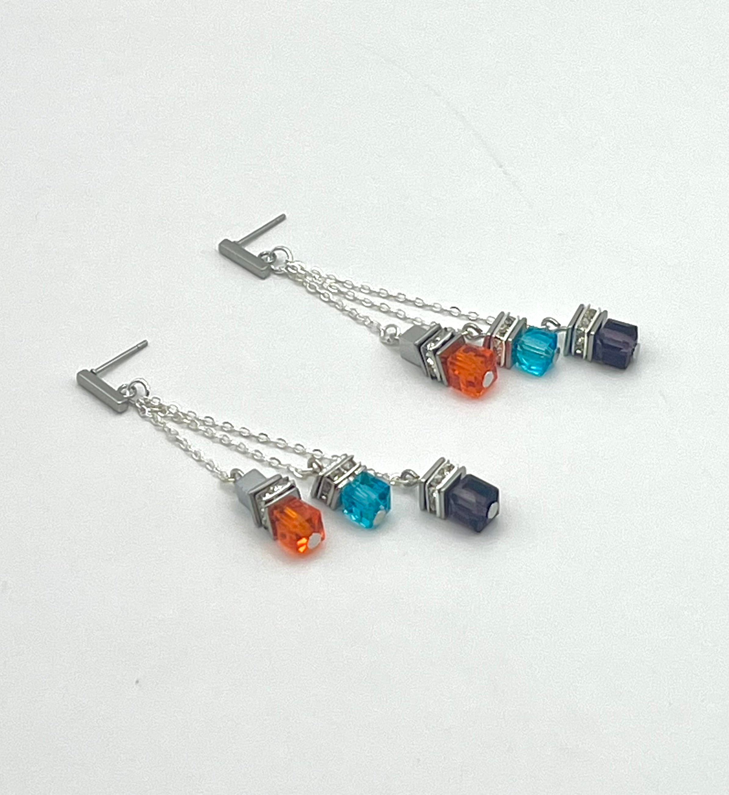 Multicolour Cube Crystal Glass Drop Earrings | Silver Stainless Steel