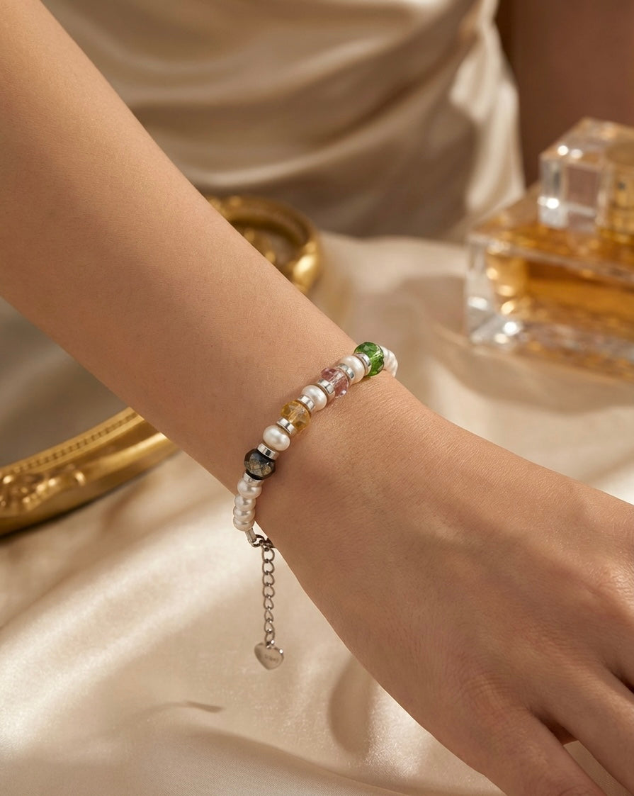 Elegant White Stone & Colourful Crystal Glass Design | Silver Stainless Steel
