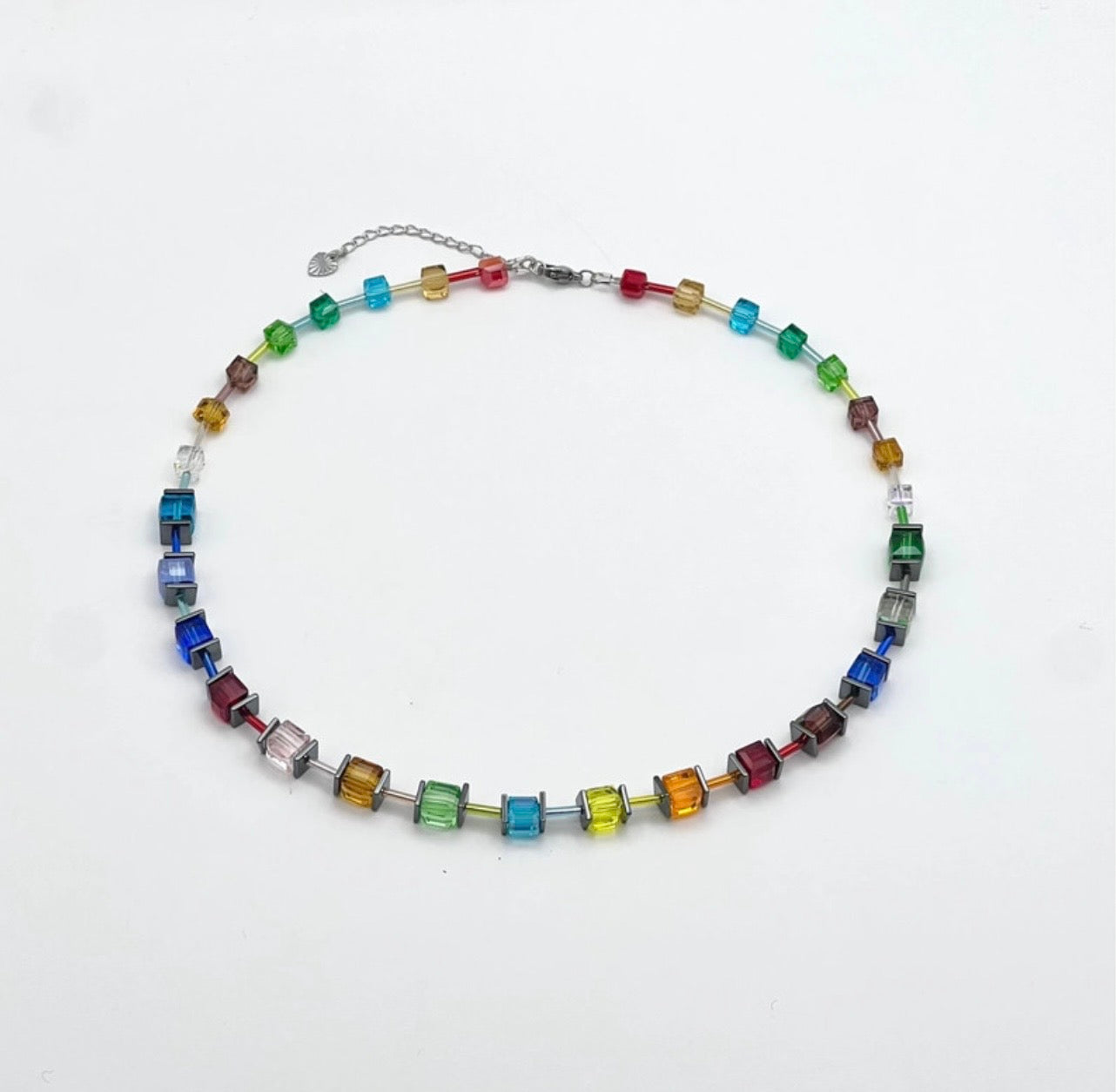 Multicolour Crystal Glass Stone Necklace | Silver Stainless Steel